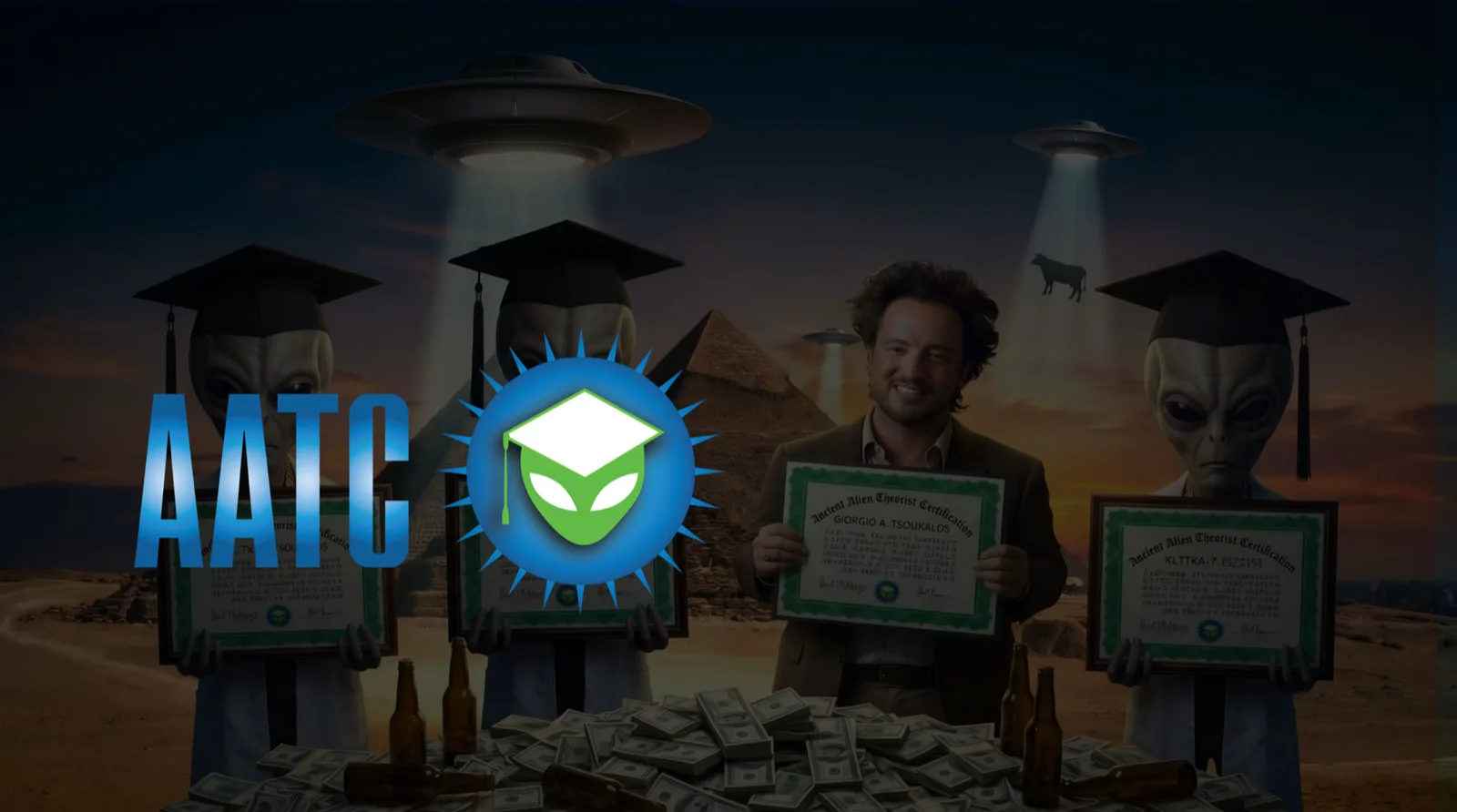 Ancient Alien Theorist Certification: alien graduates holding certificates