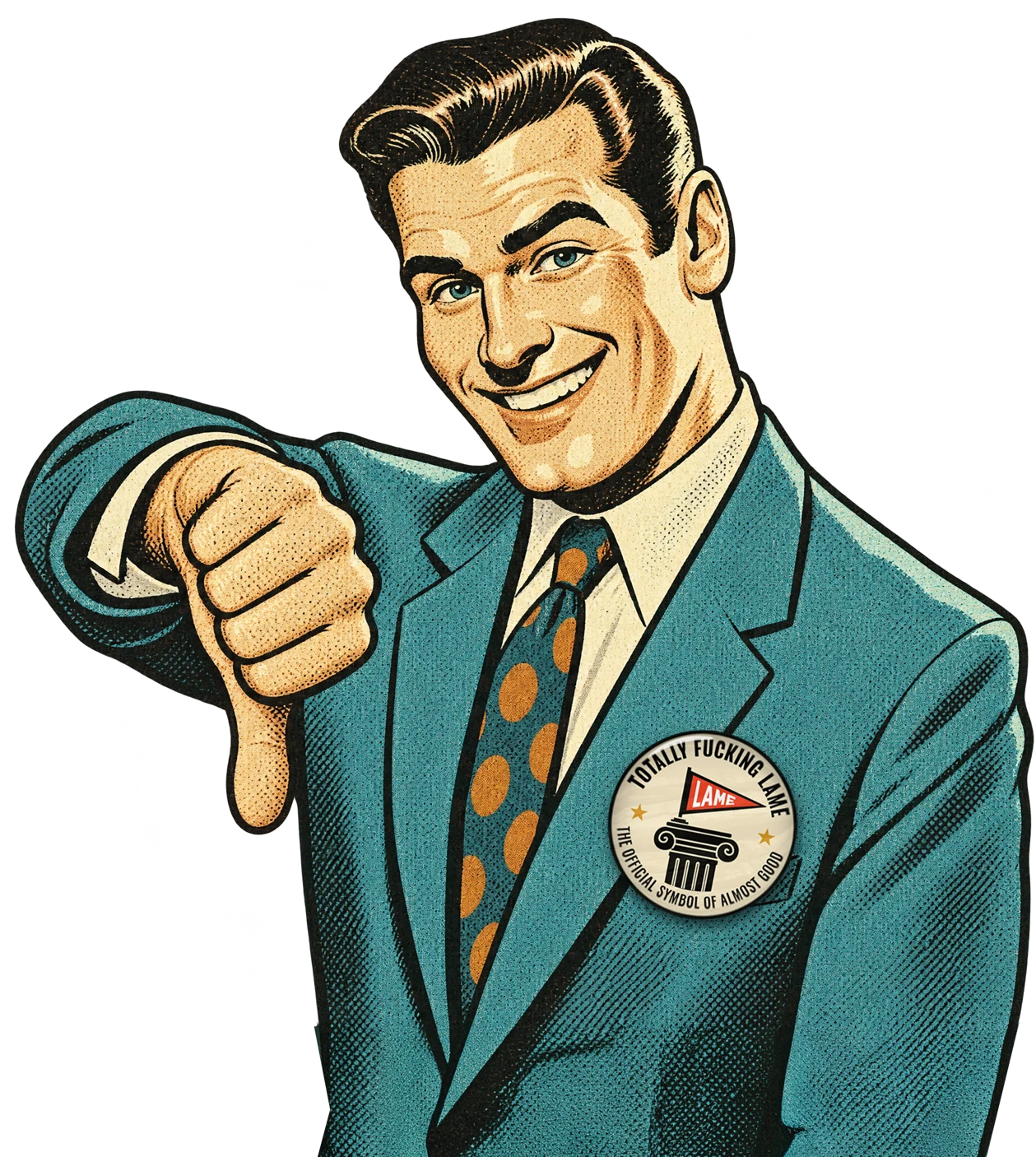 Totally Fucking Lame mascot: 1950s salesman giving a thumbs down